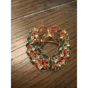 Festive Red & White Rhinestone Wreath Brooch With Green Leaves And Red Bow